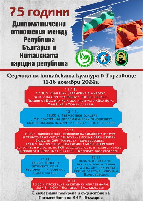 С разнообразни културни инициативи в Търговище ще бъдат отбелязани 75 г. от установяването на дипломатически отношения между България и Китай