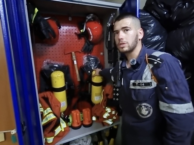 Day 35 - Bulgarian navy research ship bound for Antarctica - LT Stanislav Stefanov Shows Firefighting Equipment Aboard RSV 421