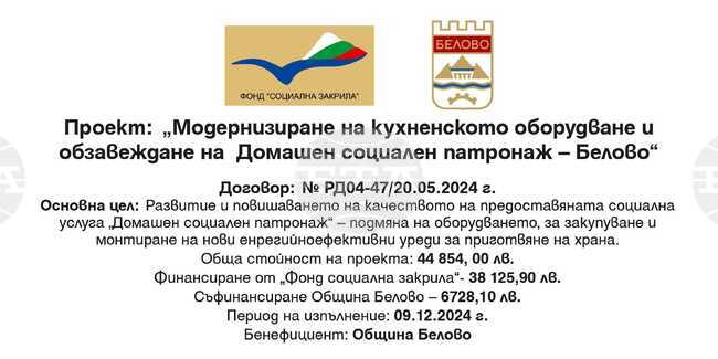 Модернизират кухненското оборудване на Домашния социален патронаж в Белово