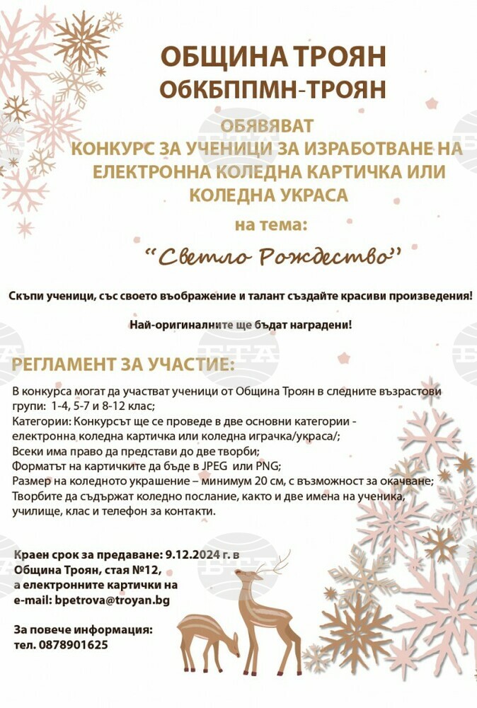 Ученически конкурс за електронна коледна картичка или коледно украшение обявяват в Троян