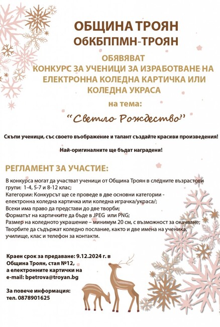 Ученически конкурс за електронна коледна картичка или коледно украшение обявяват в Троян