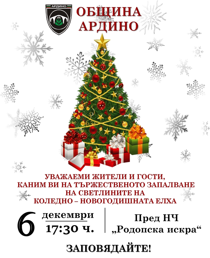 Община Ардино: Коледно-новогодишната елха в Ардино ще грейне празнично на 6 декември