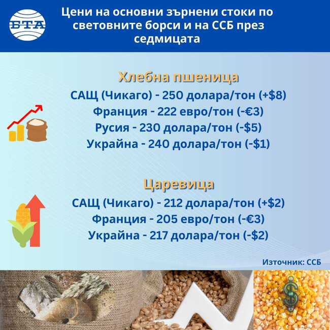Цените на повечето зърнени култури по световните борси се понижават през седмицата, отчитат експертите на Софийската стокова борса