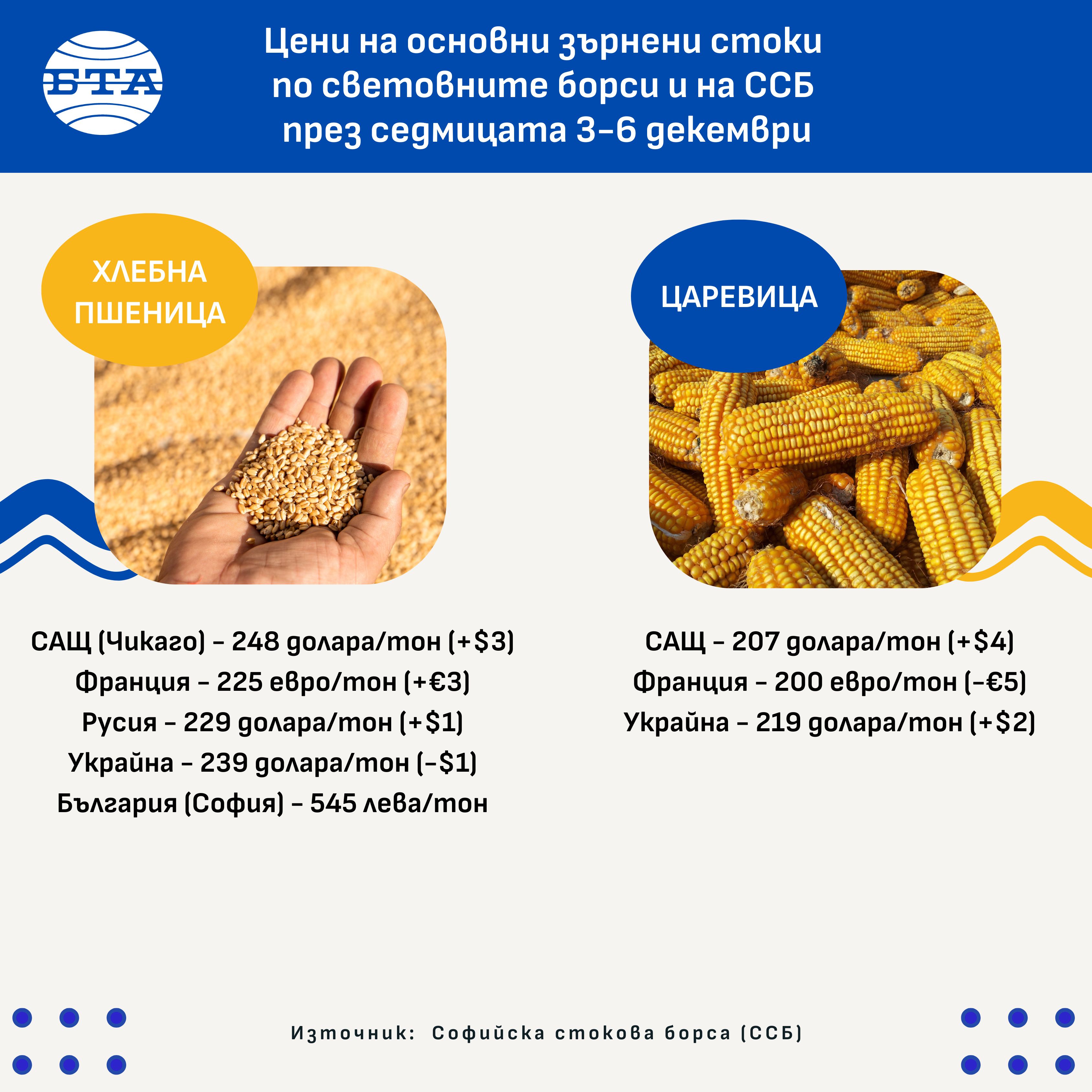 Цени на основни зърнени стоки по световните борси и на ССБ през седмицата