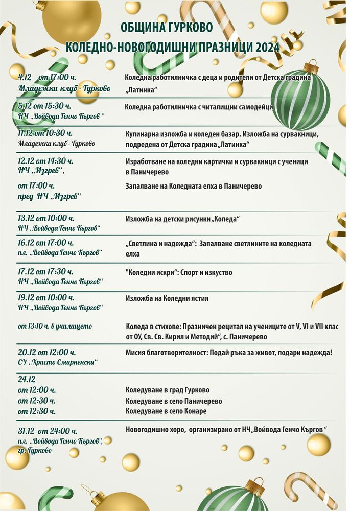 Разнообразна програма по повод коледно-новогодишните празници подготвят от Община Гурково