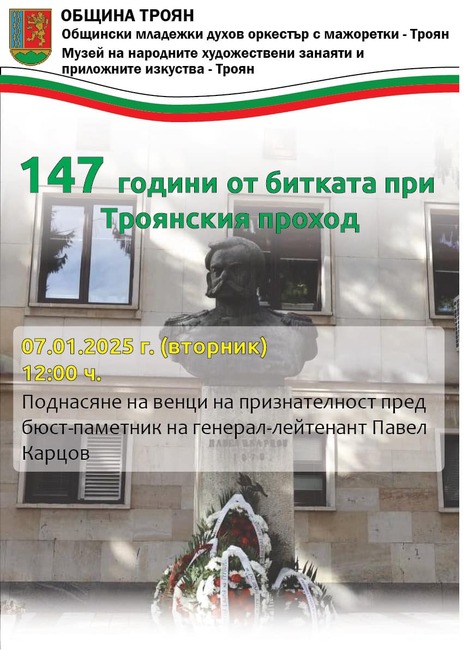 Троян ще отбележи 147 години от битката за Троянския проход и освобождението на града в Руско-турската война на 7 януари