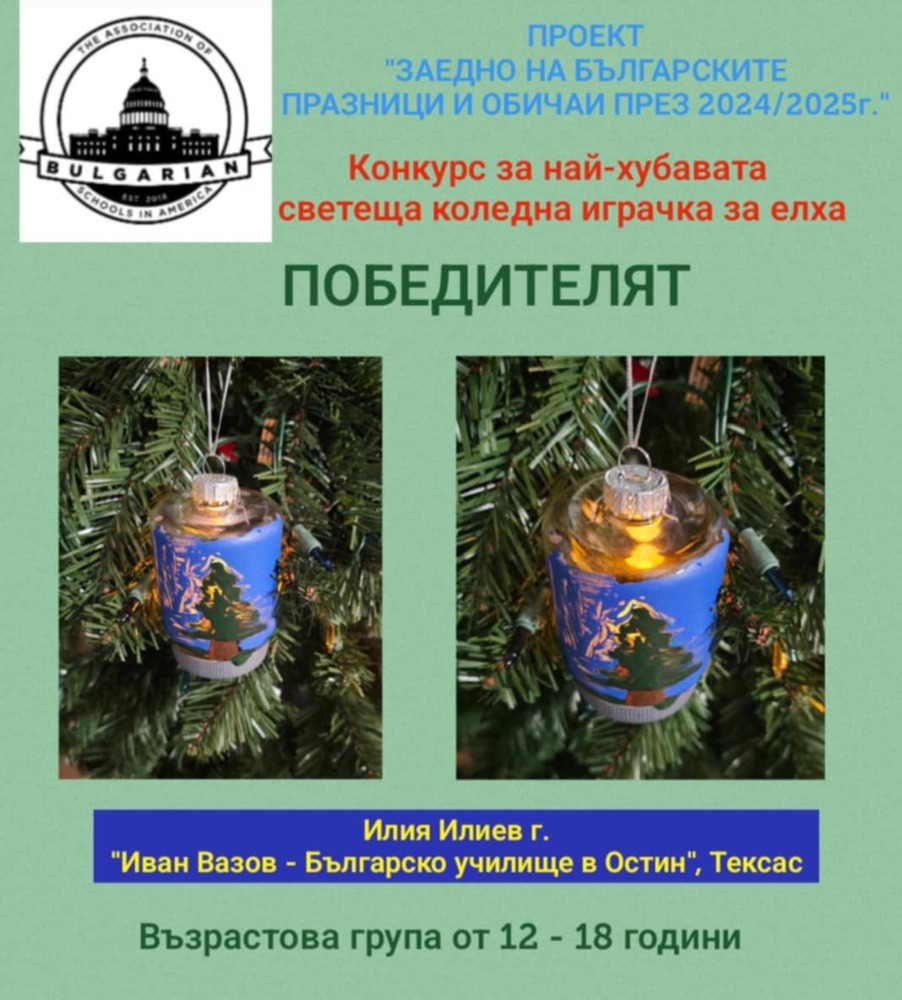 Възпитаник на „Иван Вазов - Българско училище в Остин“, Тексас, е сред победителите в конкурс за светеща коледна играчка