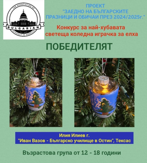 Възпитаник на „Иван Вазов - Българско училище в Остин“, Тексас, е сред победителите в конкурс за светеща коледна играчка
