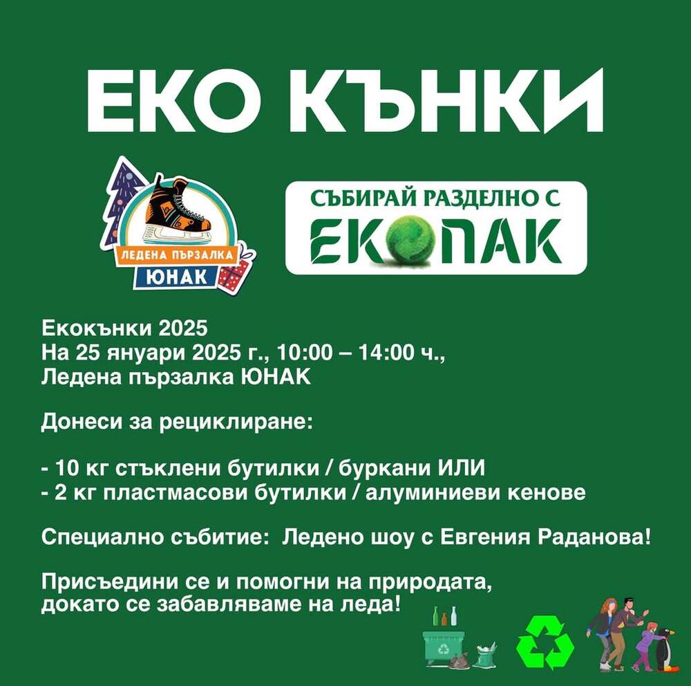Безплатен билет за кънки срещу стъклени или пластмасови бутилки предлага ледената пързалка "Юнак" в София на 25 януари