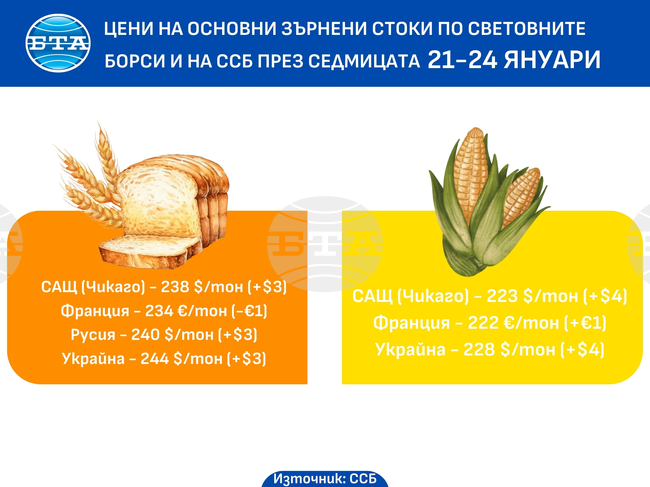 Цени на основни зърнени стоки по световните борси и на ССБ през седмицата 21-24 януари