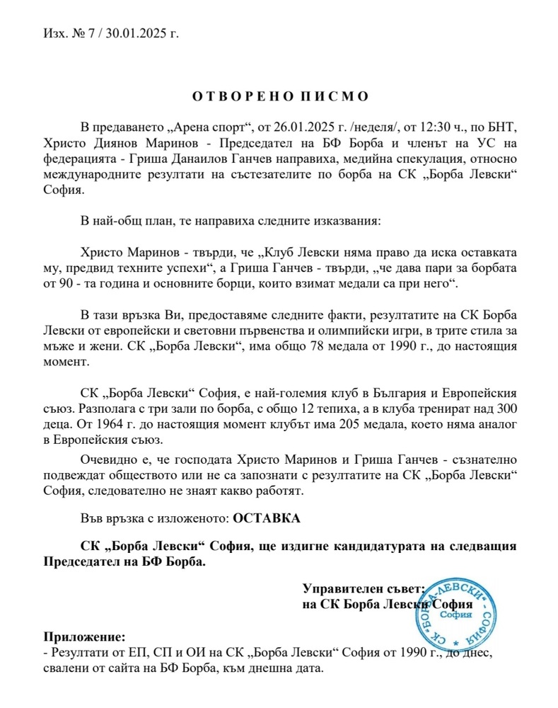 СК "Борба Левски" София потвърди позицията си за оставка на ръководството на Българската федерация по борба
