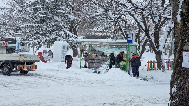 Служители на общинските предприятия почистват снега от тротоарите и паркингите в Разград
