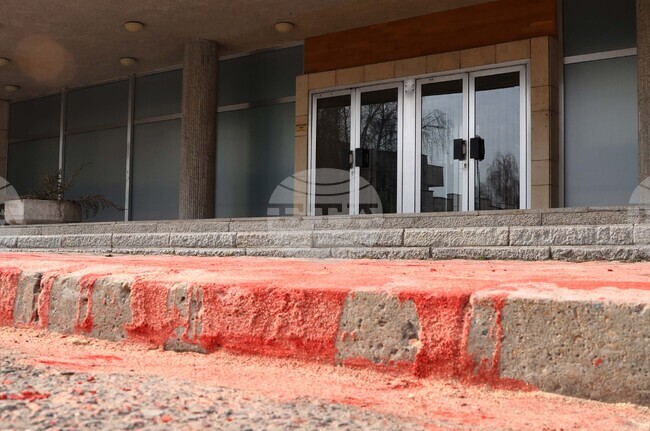 Red Paint Is Spilled near Russian Embassy Building in Sofia