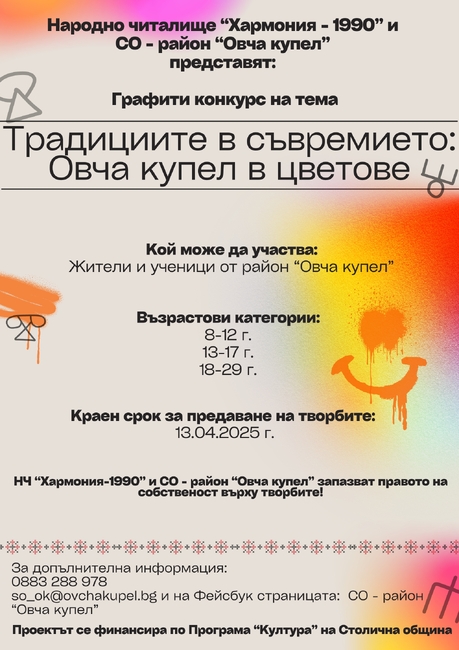 Народно читалище „Хармония-1990“ и СО – район „Овча купел“ представят Графити конкурс на тема „Традициите в съвремието: Овча купел в цветове“