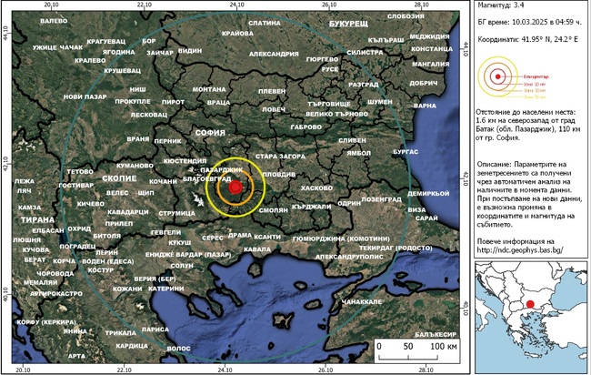 Земетресение с магнитуд 3,4 бе регистрирано тази сутрин в района на Батак, няма засечени последващи трусове