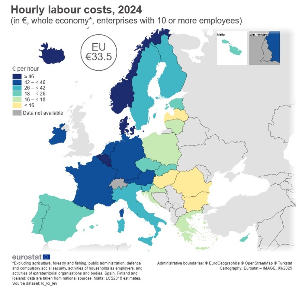 България с най-ниски разходи за труд сред страните от ЕС през 2024 г., сочат данните на Евростат