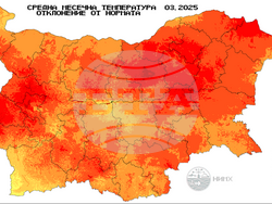 Средна месечна температура като отклонение от климатичната норма в градус Целзий