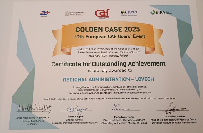  Областна администрация - Ловеч е отличена като една от 18-те златни CAF практики в Европа