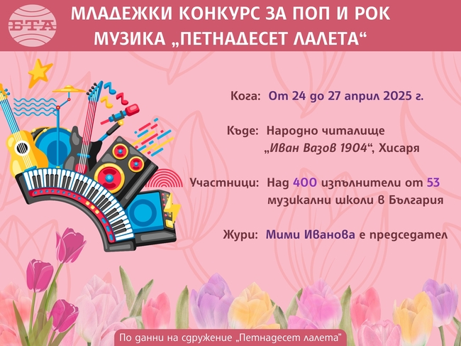 Повече от 400 изпълнители, възпитаници на 53 музикални школи у нас, ще участват в младежкия конкурс за поп и рок музика „Петнадесет лалета“