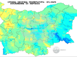 Фигура 2. Средна месечна температура като отклонение от климатичната норма в градус Целзий, илюстрация: НИМХ