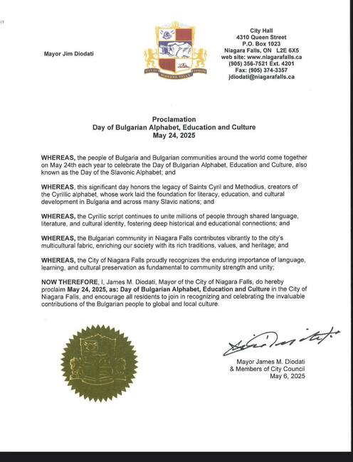 May 24 Officially Declared Bulgarian Cultural Heritage Day in Niagara Falls, Canada