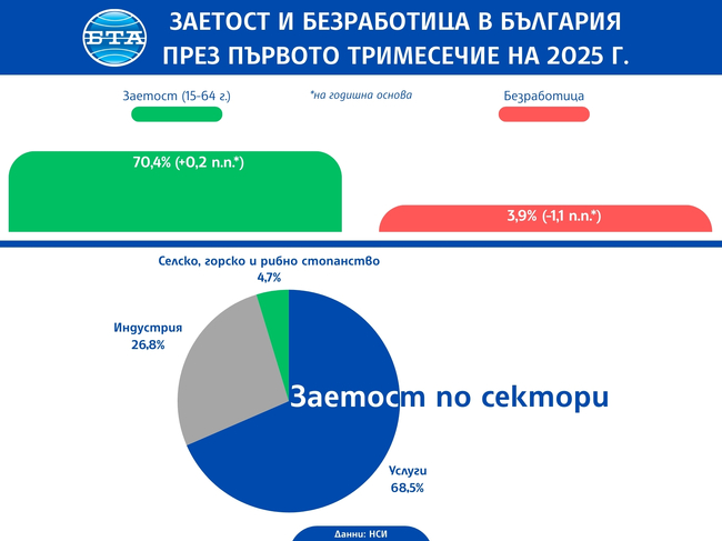 Ръст в броя на заетите в България през първото тримесечие на годината спрямо същия период на 2024 г., сочи справка в НСИ