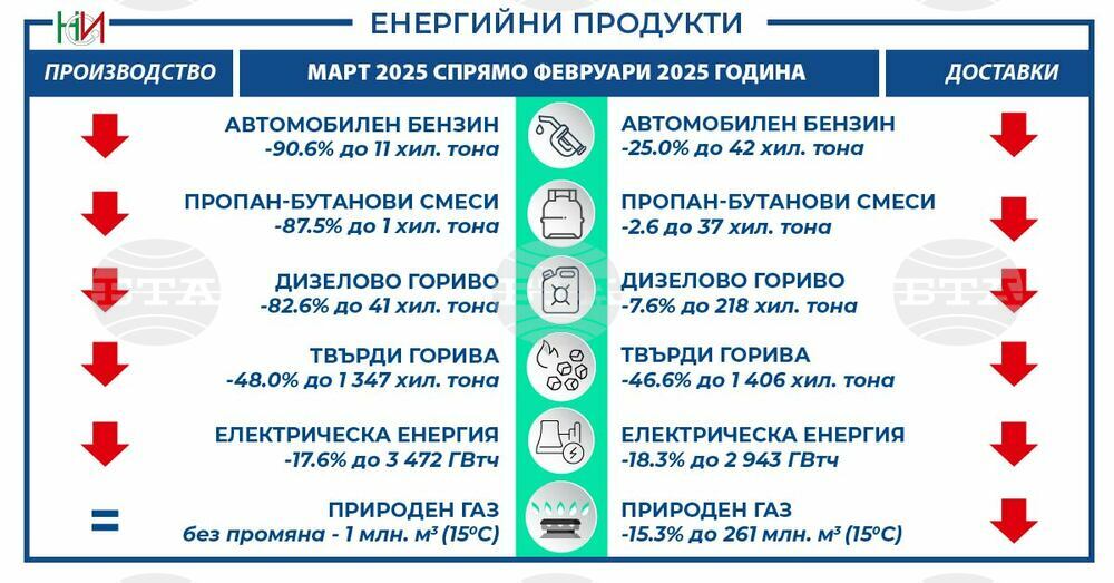 Национален статистически институт: Производство и доставки на енергийни продукти - март 2025 г.