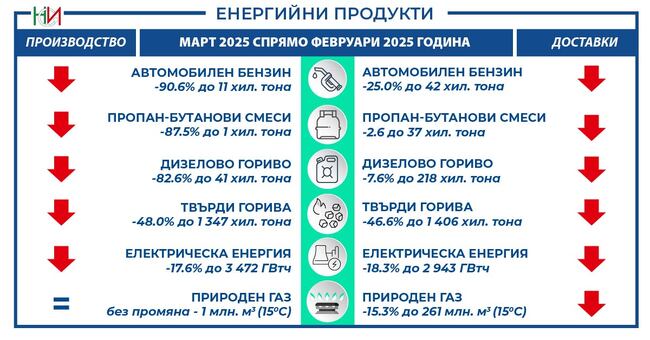 Национален статистически институт: Производство и доставки на енергийни продукти - март 2025 г.