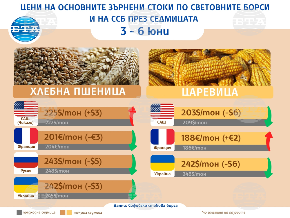 Лек спад на цените на основните зърнени култури по световните борси отчитат експертите на Софийската стокова борса