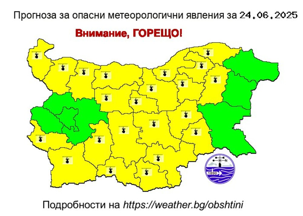 Жълт код за високи температури в 22 области издаде за днес НИМХ, за утре ще е за цялата страна