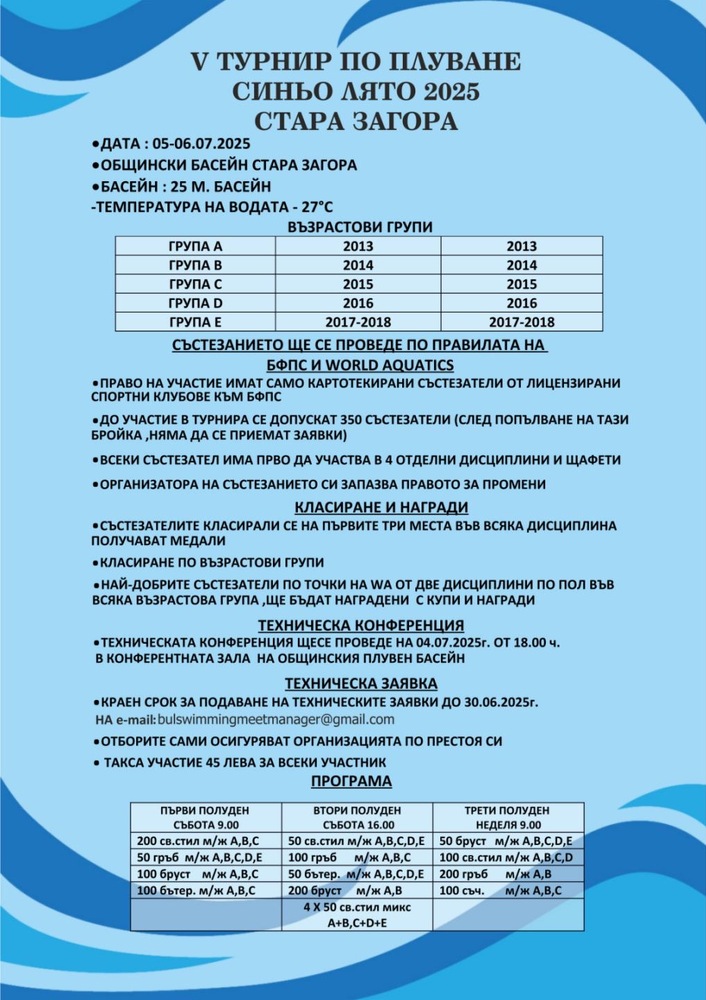 Петото издание на турнир „Синьо лято 2025“ ще събере над 300 малки плувци в Стара Загора