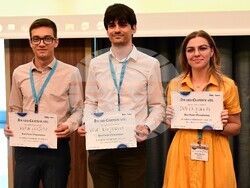 Научно жури отличи с грамота и парична награда трима млади учени - Крум Александров (Институт по полимери, БАН), Явор Христов (Институт по полимери, БАН) и Савина Колева (Софийски университет „Св. Климент Охридски“). Снимка: БАН