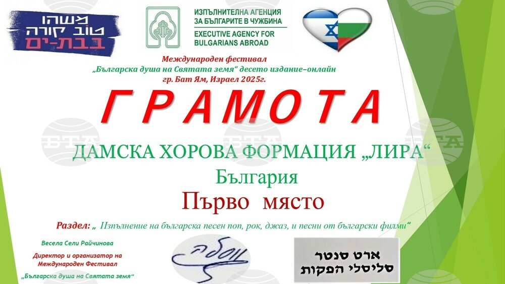 Дамската хорова формация „Лира“ от Нови пазар спечели първа награда на Международния фестивал „Българска душа на Светата земя“ в Израел