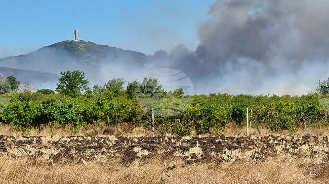 Шест пожарни екипа и военнослужещи гасят пожар в местността Бакаджик край Ямбол, включи се и хеликоптер „Кугър“