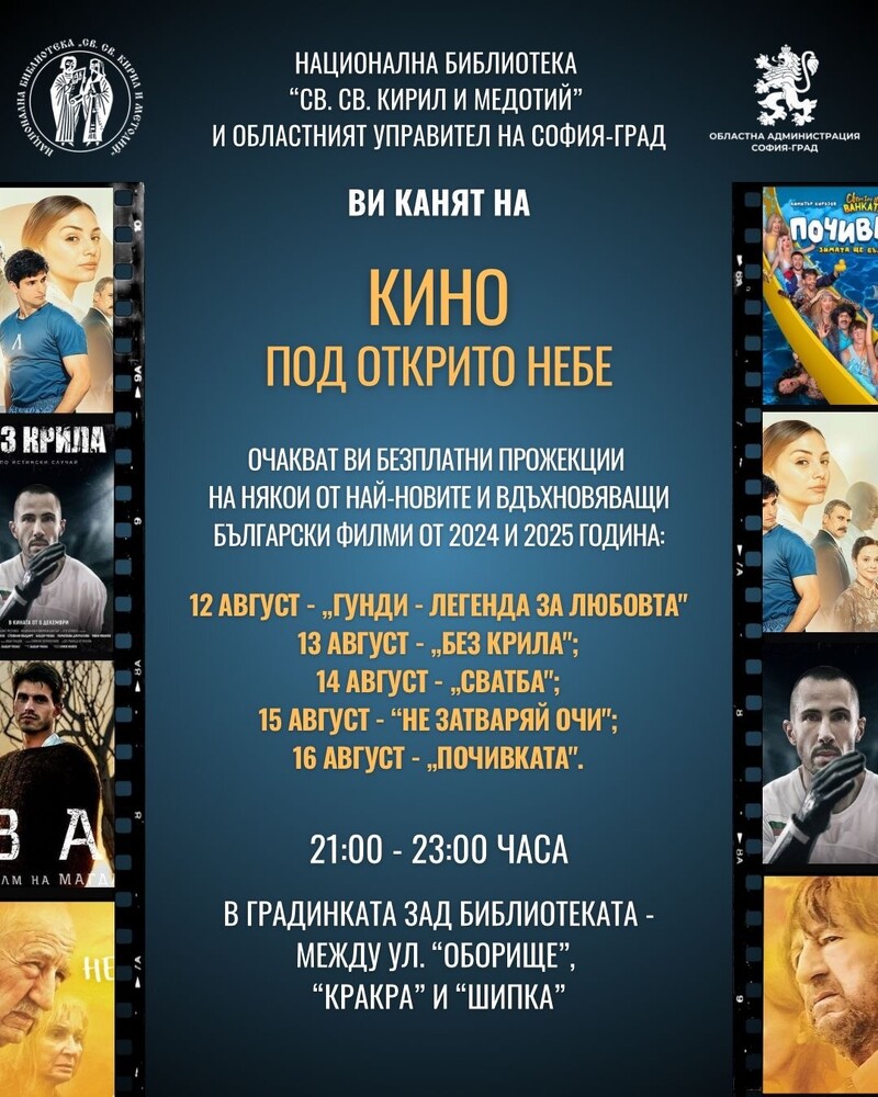 Прожекции под открито небе ще се състоят от 12 до 16 август в градинката зад Националната библиотека „Св. св. Кирил и Методий“