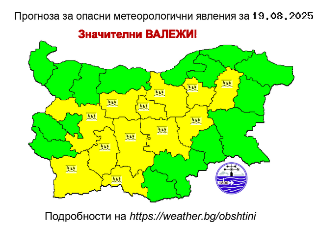Жълт код за значителни валежи в планинските райони на 12 области от страната издаде за днес НИМХ