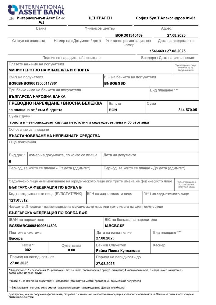 БФ Борба възстанови 314 570,05 лв. на Министерството на младежта и спорта