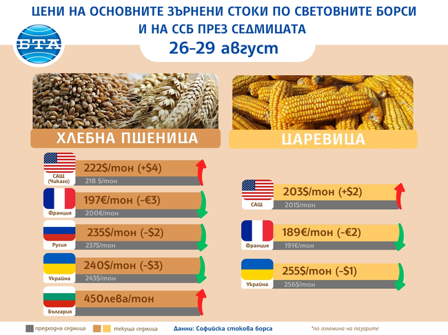Минимални са промените в цените на основните зърнени стоки по световните борси в края на август, сочат данни на ССБ