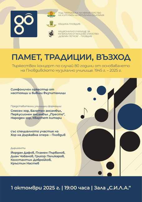 С тържествен концерт под надслов „Памет, Традиции, Възход" музикалното училище в Пловдив ще отбележи 80-ия си юбилей