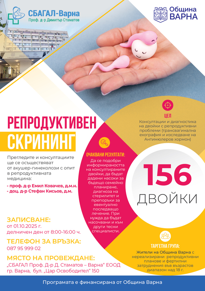 Община Варна и СБАГАЛ - Варна „Проф. д-р Димитър Стаматов" провеждат съвместна програма за репродуктивен скрининг
