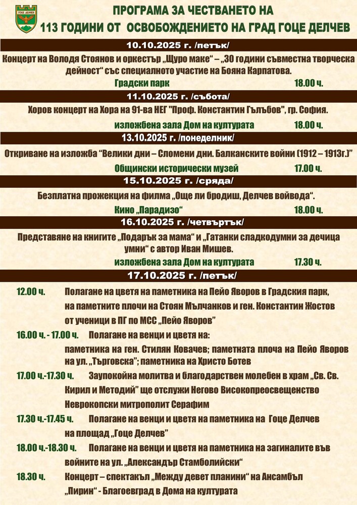 Гоце Делчев ще отбележи 113 години от освобождението си с празнична програма