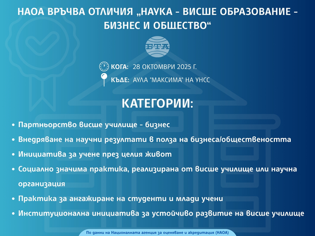Националната агенция за оценяване и акредитация ще връчи за първи път отличия за добри практики "Наука - висше образование - бизнес и общество"