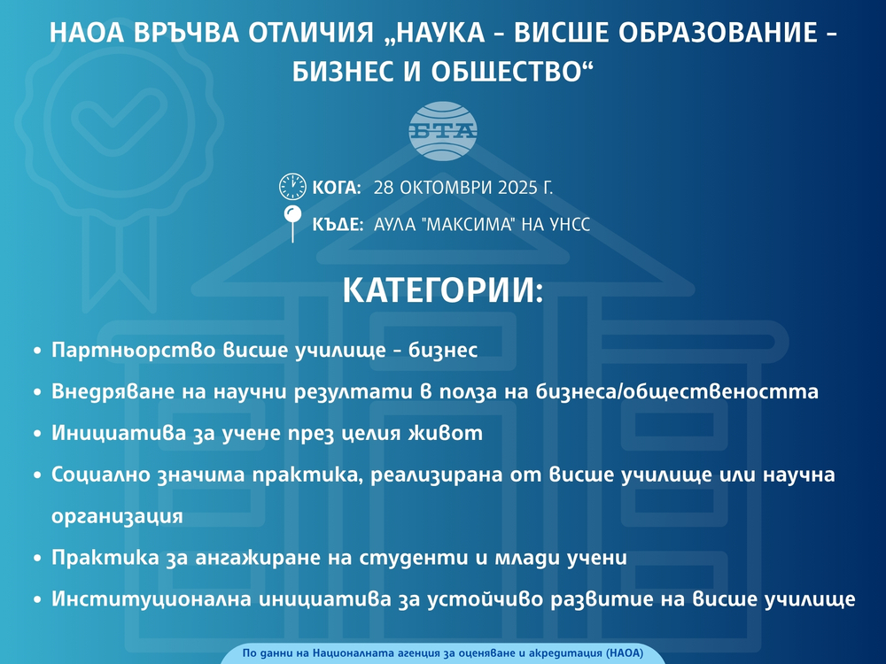 НАОА връчва отличия „Наука - висше образование - бизнес и общество“