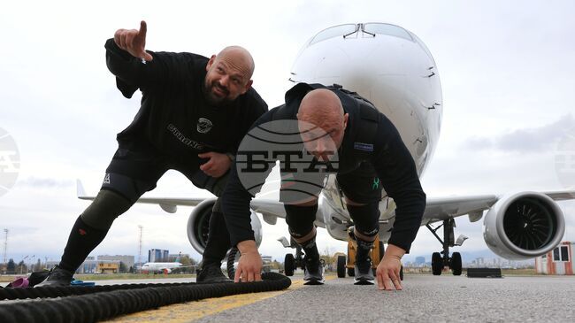 Two Bulgarian Strongmen Pull 40-Ton Airbus A220-300 at Sofia Airport