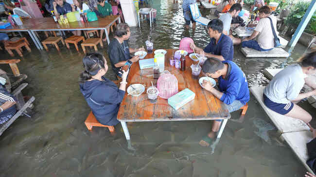 Наводнен ресторант в Тайланд предлага на посетителите възможност да се нахранят сред плуващи в краката им риби