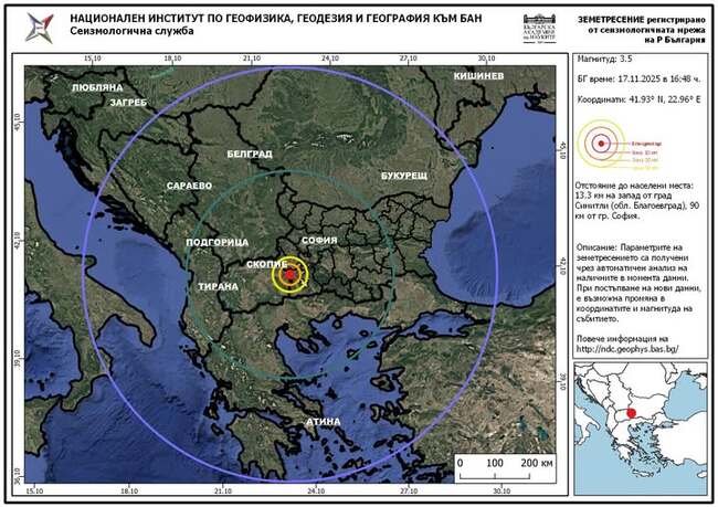 Земетресение с магнитуд 3,5 е регистрирано в района на град Симитли, до момента има данни, че е усетено слабо в района на Благоевград