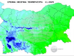 Средна месечна температура ноември 2025 г., илюстрация: НИМХ