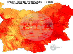 Средна месечна температура, отклонение от нормата, ноември 2025 г., илюстрация: НИМХ