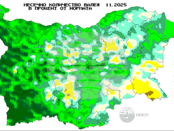 Месечно количество валеж в процент от нормата ноември 2025 г., илюстрация: НИМХ