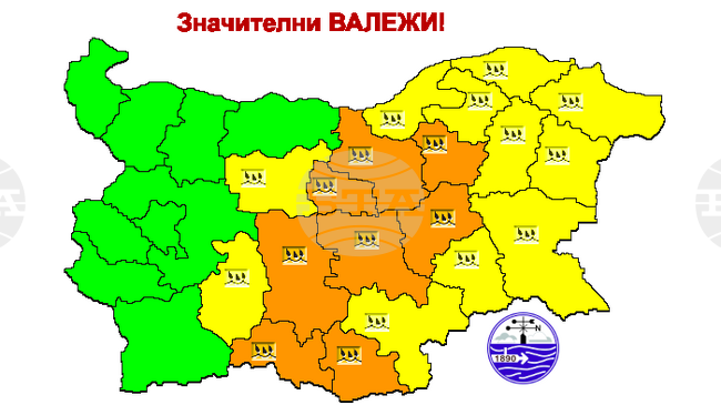 За осем области на страната НИМХ издаде за днес оранжев код за значителни валежи, за още 11 области предупредителният код е жълт